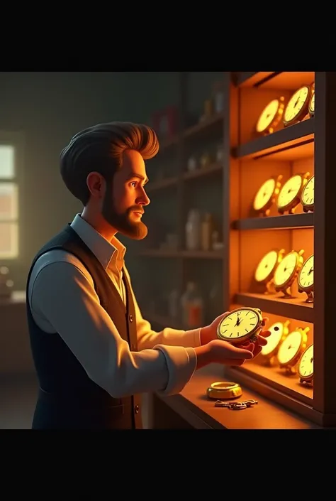 Cartoon cinematic 3D image:The clockmaker, back in his shop, places the now handless golden watch on a glowing shelf filled with dozens of similar watches. The room is bathed in a dim, ethereal light. His expression is calm but enigmatic, whispering the wo...