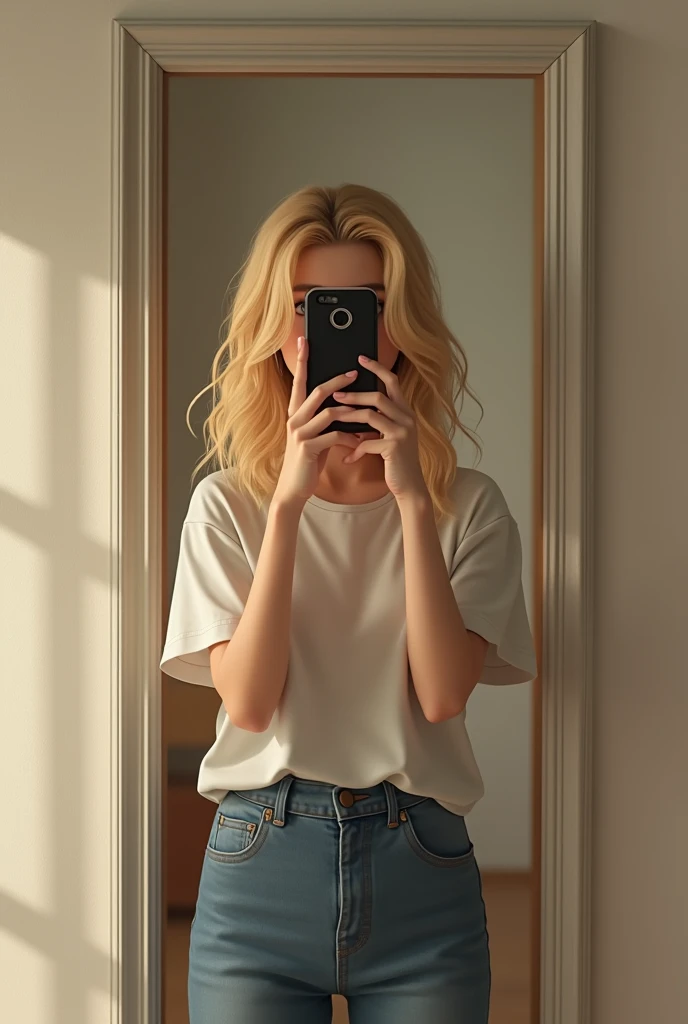 An ordinary young blonde girl with her cell phone in front of her face taking a picture in the mirror 