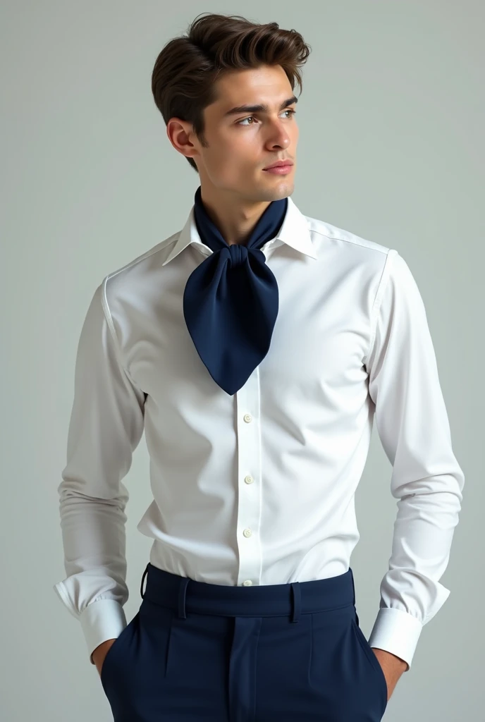 A young man wearing a white shirt with a dark blue cravat and dark blue pants