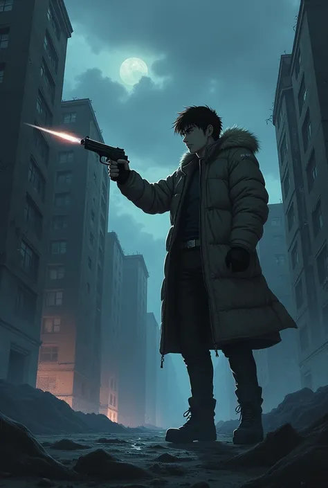 A man in a winter jacket stands with a gun raised from the side and points it in straight pose at something from the left with a serious look on his face, anime art style, apocalypse, ruined building, night theme, cloudy atmosphere.