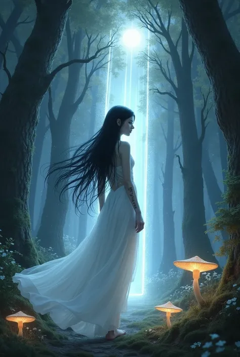 Create the image of a white elf looking back ,  black hair flying in the wind body with shiny runes white dress, She is in a forest at night and in front of her is a portal leading to the human world