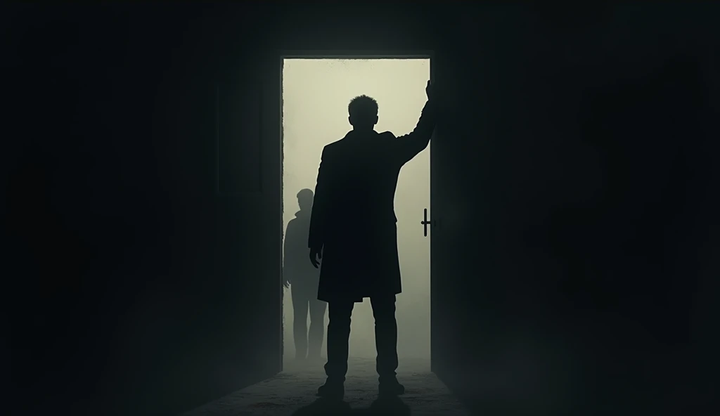 I want a door closed in the middle so that theres a man in the shadow of a man whos going to close the door.