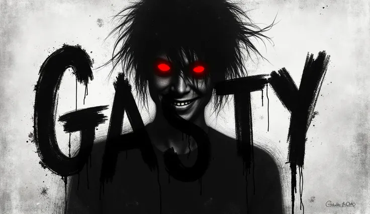 Abstract black and white image of a shadowy figure with red eyes and mischievous smile , partially obscured by textured brush strokes and the large, stylized letters "Gasty" in the foreground. The letters appear to be spray-painted or stenciled. The figure...