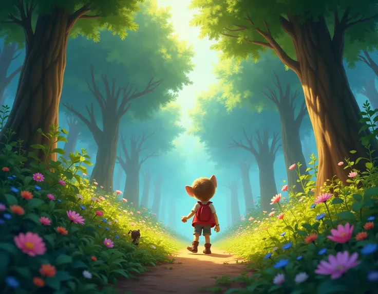  Crossing the border , What a surprise !
 The forest was full of magic and beauty .
 Tall trees that touched the sky ,
 And flowers that danced with gentle longing. Pixar style