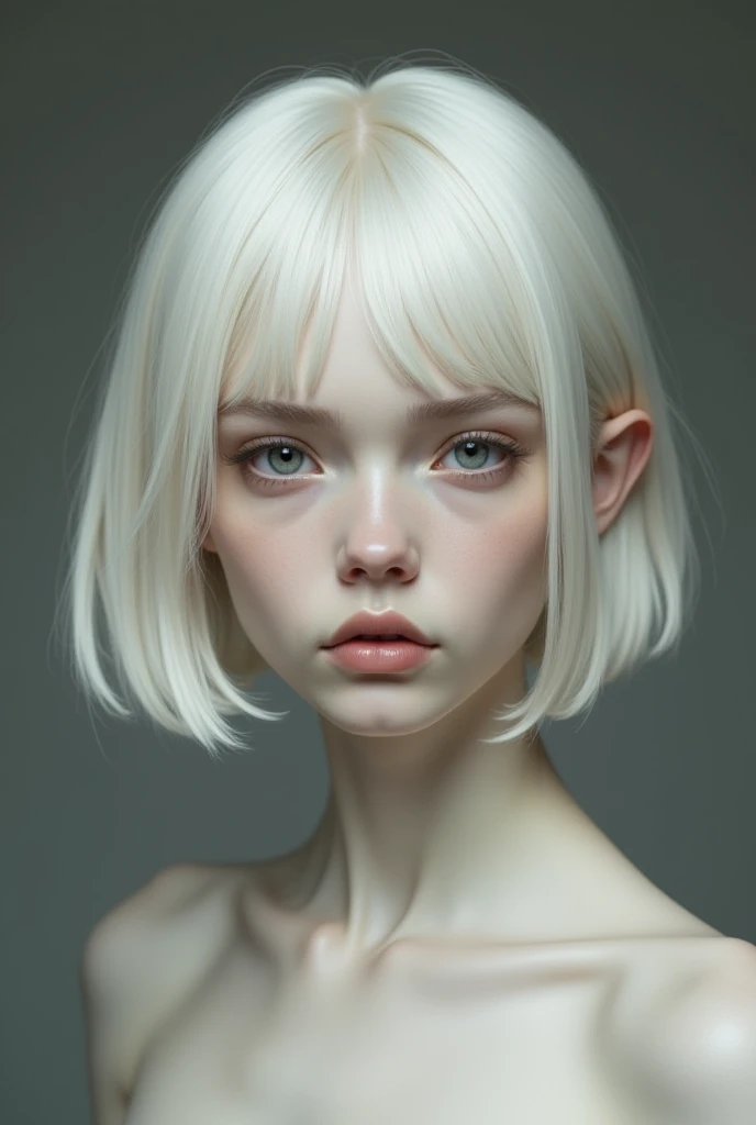 a  teenager, bee,  long and thin neck , Marked clavicle, sparse breasts , semi-short straight white hair , slightly sunken cheeks , highlighted cheekbones, thin nose, oval face,  gray and torn eyes , dark circles,  perfect white eyebrows ,  long white eyel...