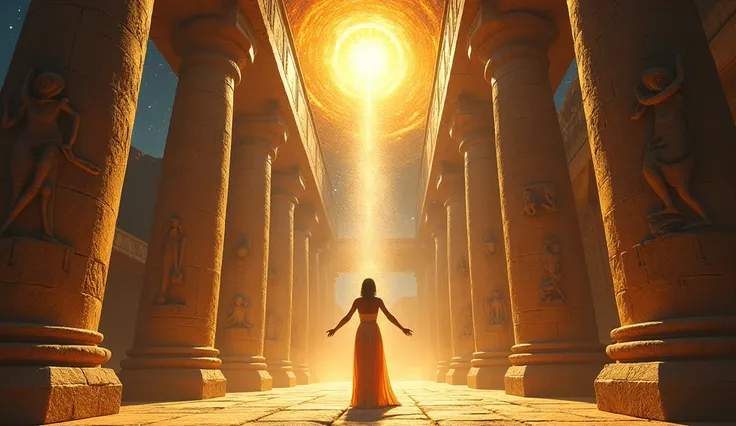 Create a vibrant, mystical scene set in an ancient temple with towering stone pillars etched with intricate symbols. In the center, a feminine figure stands, arms outstretched, surrounded by a radiant sunburst casting golden light across the space. Celesti...