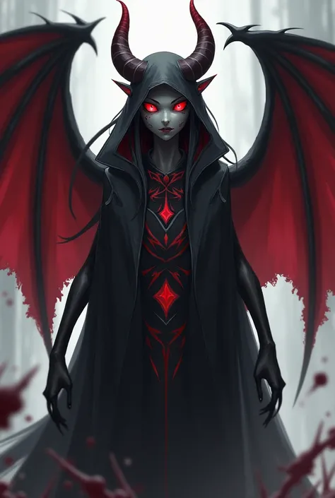 Anime styled conenose humanoid with black to gray skin, crimson eyes, and needle-like fangs. Blood-red sigils mark its mastery of blood magic. Its membranous wings fold like a tattered cloak, blending into its shadowy, predatory form.