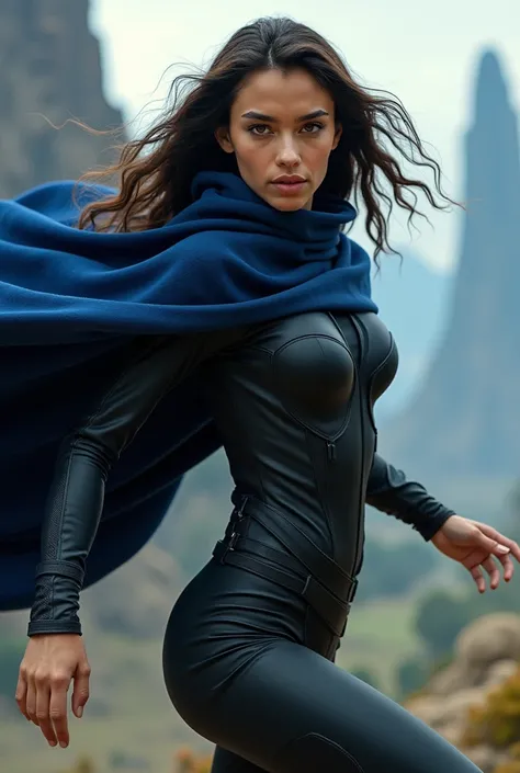 young attractive Maori woman, dynamic movement, long dark-brown soft wavy hair, mid-twenties, honey-brown eyes, black futuristic clothes, indigo-blue cloak, science fiction landscape background