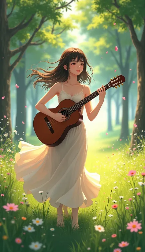 Anime - Beautiful and graceful woman is playing guitar in a beautiful meadow