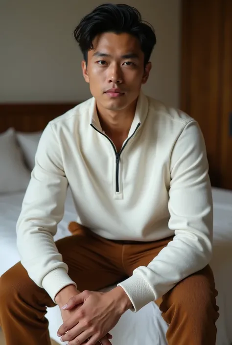 ( high quality , 4k, hdr)  A handsome young Indonesian man , 20 years old,  manly and slightly muscular ,  in the color of mature palm leather typical of Indonesians , wearing a white mist halfzip jacket and corduroy trousers latte brown,  sits pulled over...