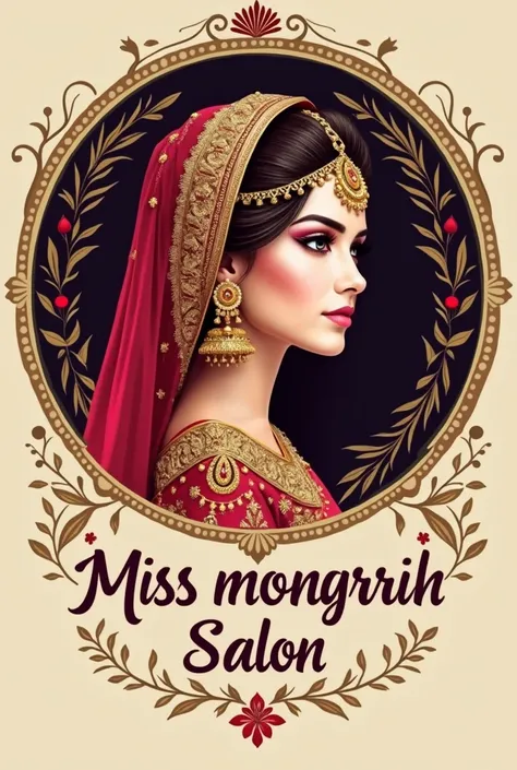 Create an image of the salon logo. It should have the look of a Rajasthani Rajputi woman and it should have the best veil on the womans head and it should have the best things and its outframe should be round and different in appearance and the name of the...