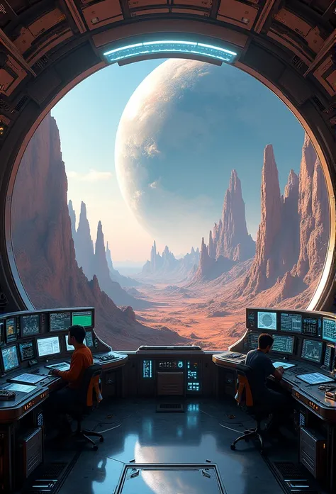 exterior of a spaceship. Through the windows you can see the landscape of an alien planet, the entire space is full of work consoles with electronic devices and screens, full-HD