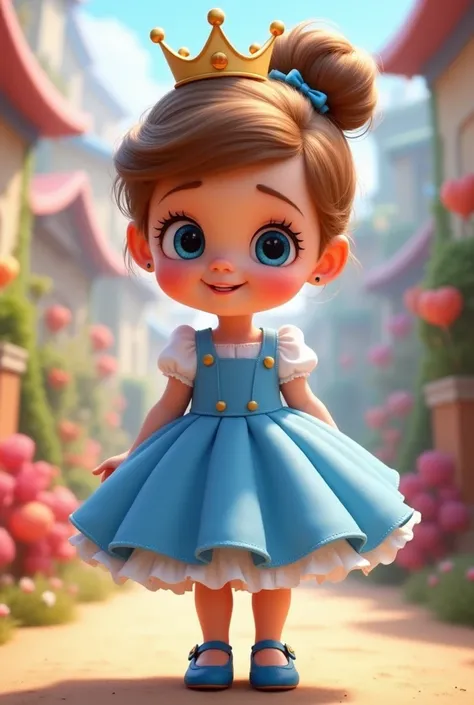  baby,   Disney Pixa with a bun in her hair light brown hair, blue eye, blue round party dress with crown on the head full body, With little blue shoe  