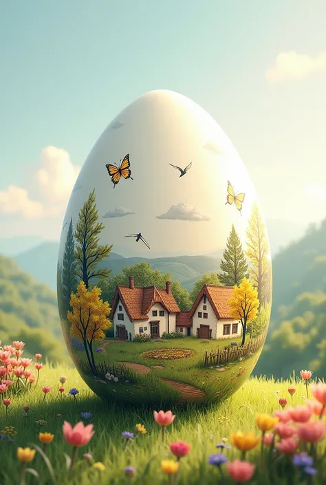 Large easter egg designed with  illustrations using spring motifs of nature and houses. Low range of colors.