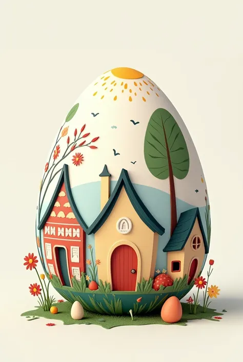 Large easter egg designed with graphical illustrations using spring simplified motifs of nature and houses. Low range of colors.