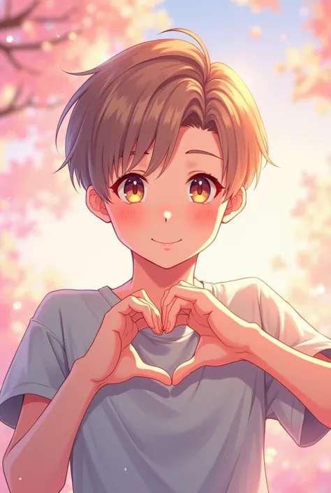 Anime boy photo with hand make heart 
