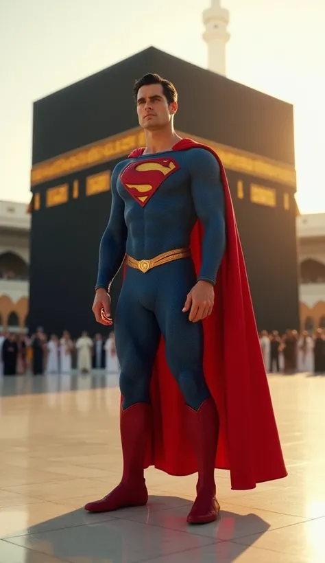 Superman stands solemnly in the sacred courtyard of the Kaaba, his iconic red and blue suit glowing under soft, diffused light. The golden "S" emblem reflects the reverence of the moment as he steps humbly across the gleaming marble. The Kaaba towers in ma...