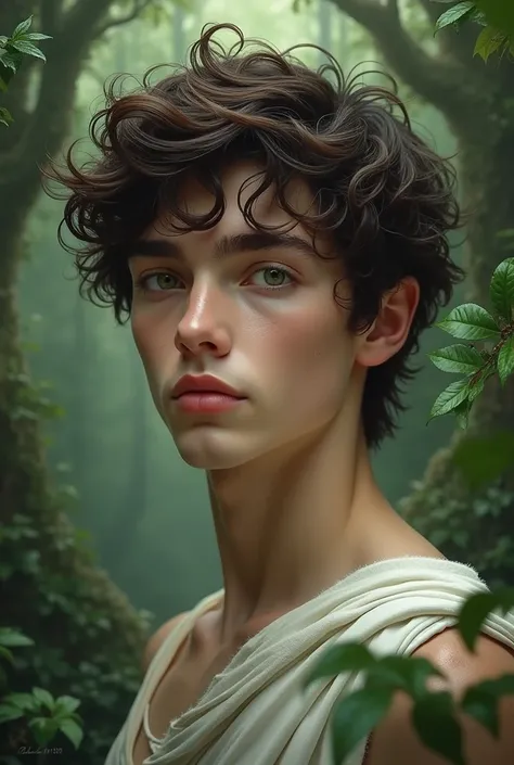 Perseus as an adolescent Caucasian male ,  white skin , no beard,  bright green eyes,  dark brown hair , face e traços lábios macios perfeitos esculpido, maxilar e macas do face bem definidos beleza divina, divine aura with a beautiful forest in the backgr...