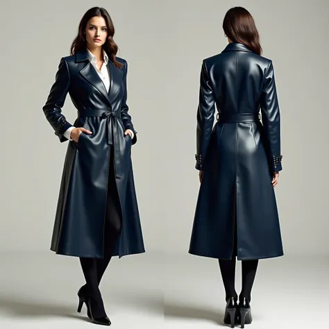 stylish women leather navy blue long coat with button up closure both front and back view 