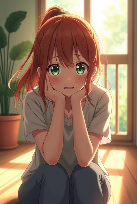 "A young anime woman with auburn hair tied back, wide green eyes filled with shock and disbelief, sits silently in a sunlit room. Her expression conveys quiet hurt after being ignored, with a tense and awkward atmosphere contrasting the serene environment....