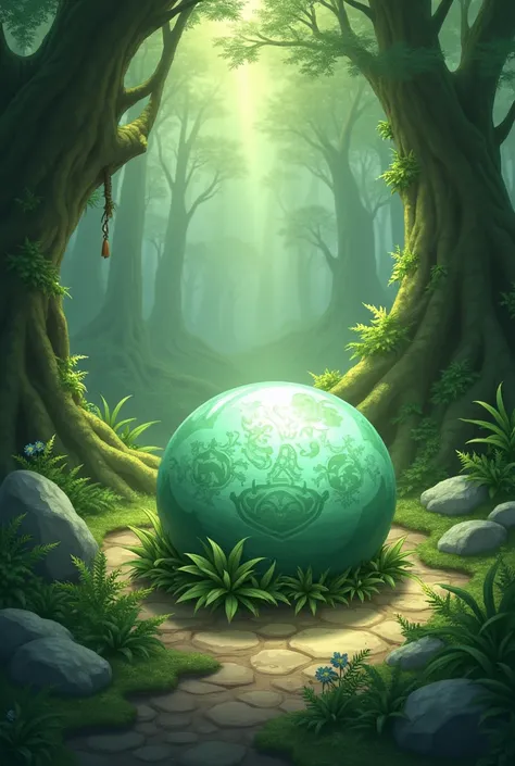 Pale green stone in the forest digital drawing style