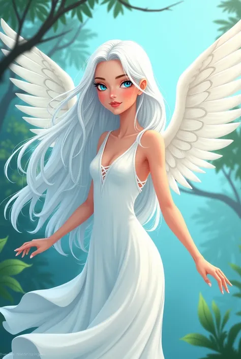 Cartoon winged woman with white hair, blue eyes, white dress