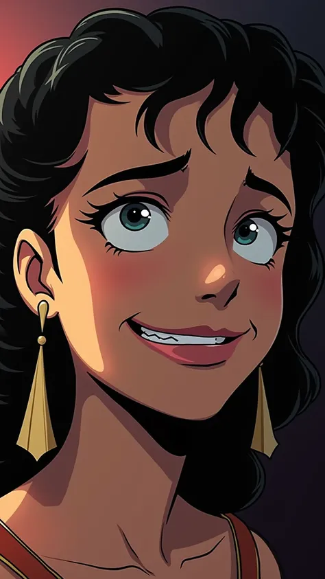 Herodiades ,  mother of Salomé ,  face in close with a cold and calculating smile .  The look of triumph and contempt is highlighted by the side lighting,  revealing shadows that intensify the moral ambiguity of the scene . In a Marvel-style animated comic...