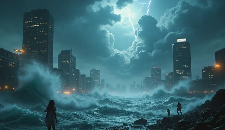   A glorious city being devastated by colossal tsunamis and thunderstorms, with buildings collapsing and lights fading underwater 