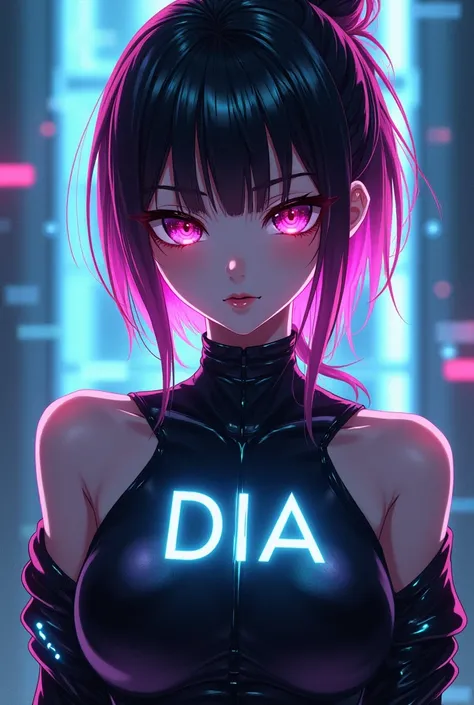 Make a Profile photo with a futuristic anime character that says Dia on it