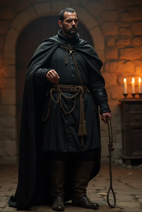  a 15th century noble man , with a whip in his hand.  the suit of noble black clothes from the 19th century .  the lighting is with candles and torches from the 15th century.  hes in prison . whipping Xayin ,  a 15-year-old black slave . The scenario,  is ...