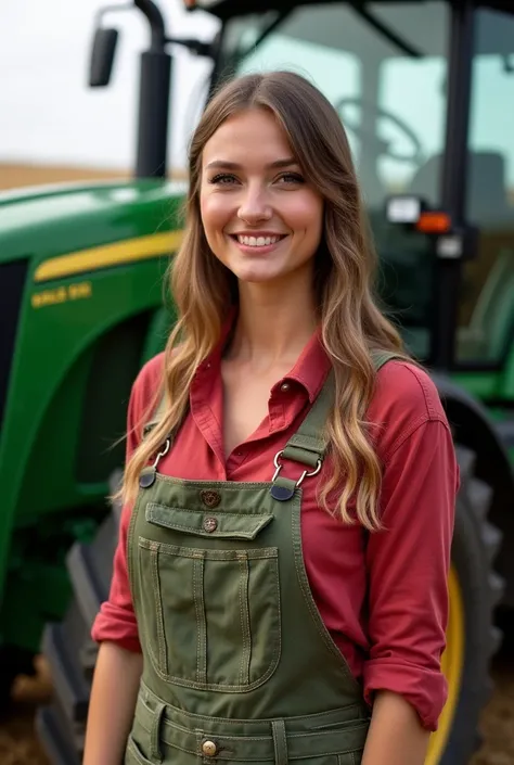 a beautiful young woman smile is standing in front of a tractor Jonh Deere 9R with a red and white background, small house sfw huge breasts, big breasts!, US farmer, big breasts, big breasts!!, farmer, wearing farm clothes, sie boob, in a field, on a farm,...