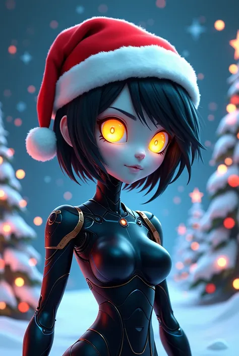 Create a cartoon-style image of a female android character with a sleek, futuristic design, featuring a Christmas theme. She has smooth, pale metallic skin with soft blue accents and large, glowing yellow eyes that give off a mysterious and cold vibe. Her ...