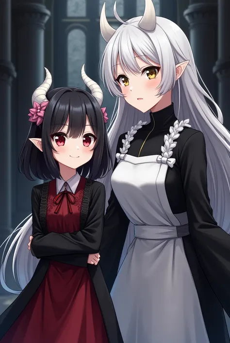 Draw me a cute anime girl of eight years old with pale skin, long ears, two small horns, slightly protruding fangs, black hair, and a cute smile in a black and red dress. Next to her stands a woman of twenty years old with cold features, white hair, a blac...