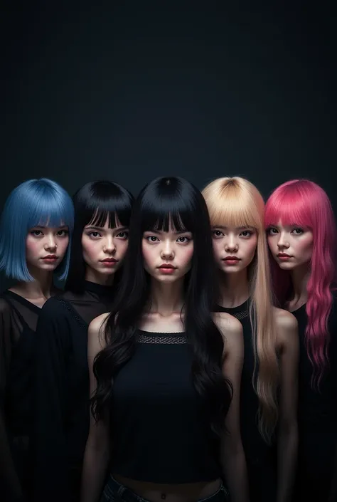 Image of 6 girls on a black background and light illuminating them, The one has short blue hair ,  the 2 and the 3 has long dark hair ,  the 4 has shaved hair on the sides ,  the 5 has fringed blond hair ,  and the 6 has medium dark hair with pink highligh...