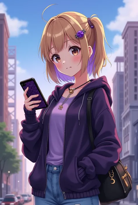  Please generate me an anime image :
 A woman stands near a busy city with a phone on her phone A black and purple checkered case with a pendant with purple beads in different shades,  girls appearance :  dark brown eyes,  just below the shoulders, dark bl...