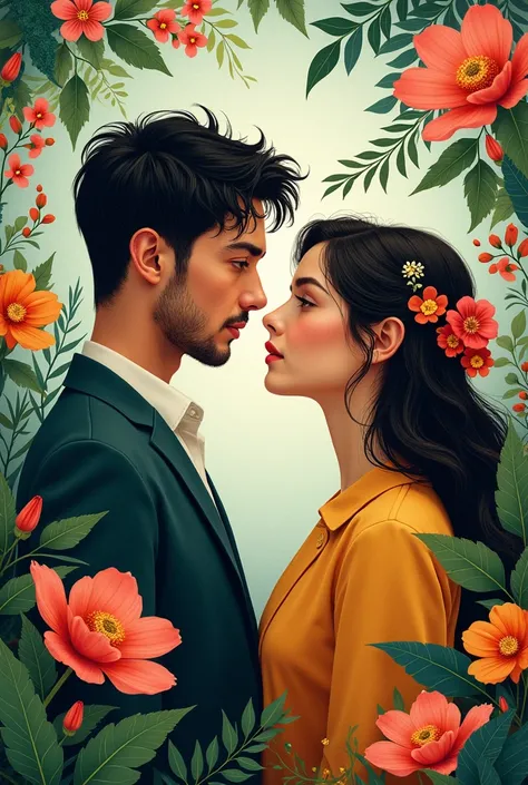 Man and woman portrait facing each other, flowers, plants, colourful, mural, modern art