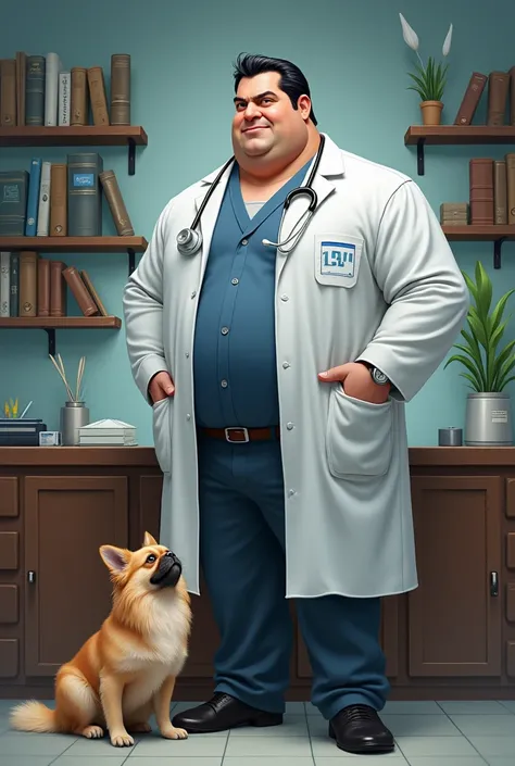 Male doctor with black hair, white skin, thick build and yellow female dog of Pekingese breed 