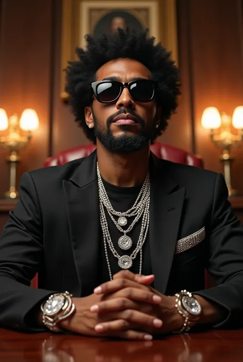  30-year-old male, Latin American,  dark skin, trap singer, With Afro hair wearing an American cut, with goatee , thin mustache,  style image wearing dark glasses, diamond-studded cords and chains ,  sitting behind a table in a presidential room.
