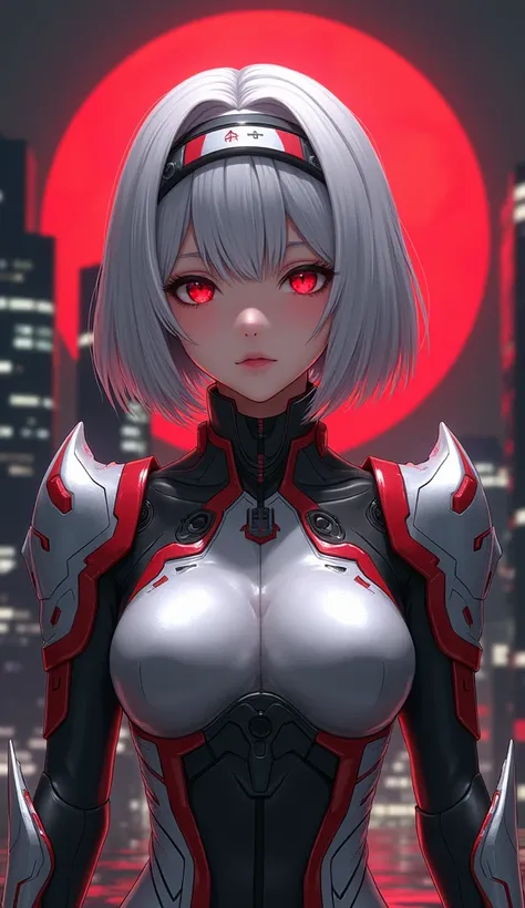 Realistic - a futuristic anime-style character. The character is a female with pale skin and silver hair, styled in a bob cut with a red and black headband. She is wearing a sleek, metallic armor suit with red and silver accents, which includes shoulder pa...