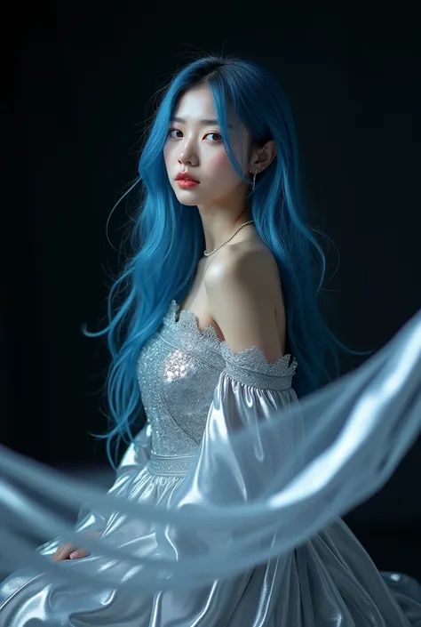 Make a Korean , , With a silver  clothes, black background, long blue hair, kpop photoshoot 