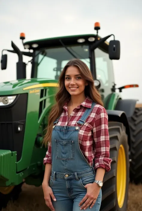 a beautiful young woman smile is standing in front of a tractor Jonh Deere 9R with a red and white background, small house sfw huge breasts, big breasts!, US farmer, big breasts, big breasts!!, farmer, wearing farm clothes, sie boob, in a field, on a farm,...