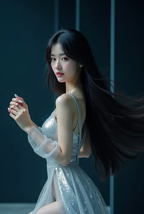 Make a Korean , ,  with long black hair , With silver clothes,  with a black background, photoshoot kpop