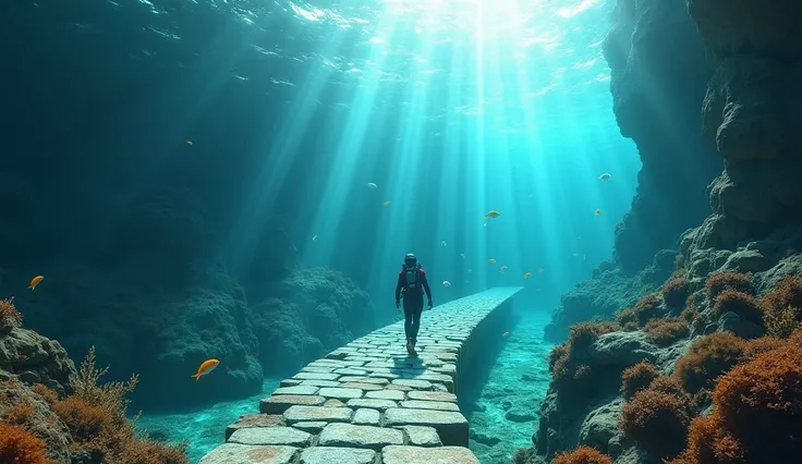  An underwater explorer discovering a path paved with ancient stones under crystal clear waters, illuminated by beams of sunlight that cross the surface .
