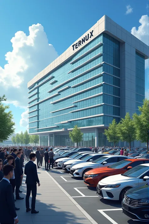 Company building called  "Ternux "  I want there to be a line of people outside to enter ,  parking lots full of cars  
