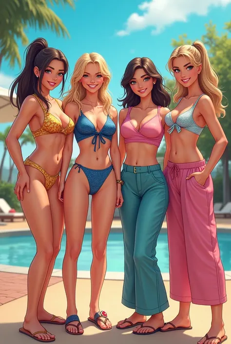 Beautiful girls in swimsuits and pants shine 