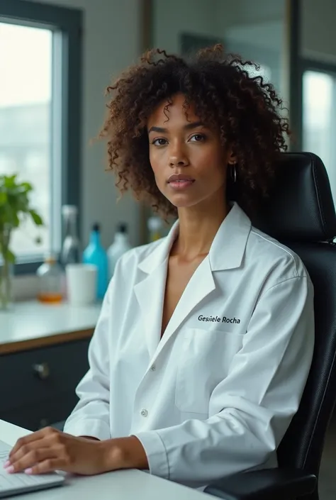 40-year-old aesthetic biologist ,  brown-eyed , king/mulatto, Featueless oriental brushed and curly hair ,  sitting in an aesthetic office chair with a name in Geisiele Rochas lab coat.
