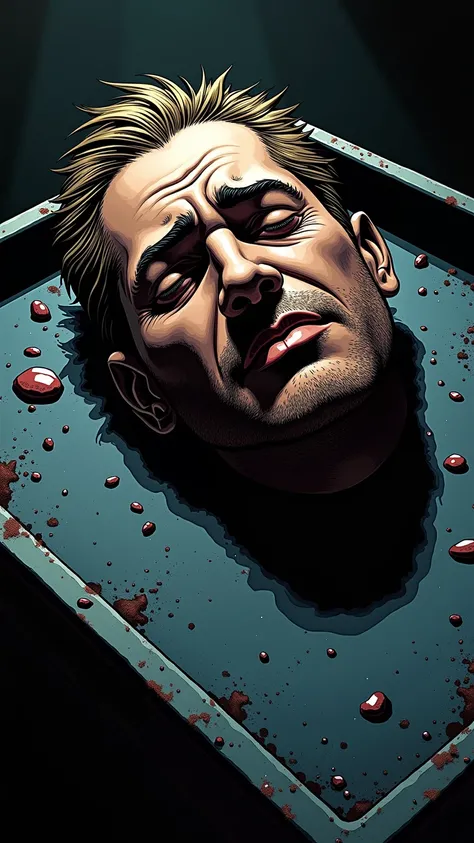 Close up on a mans head ,On a tray , macabre image  , In a Marvel cartoon strip