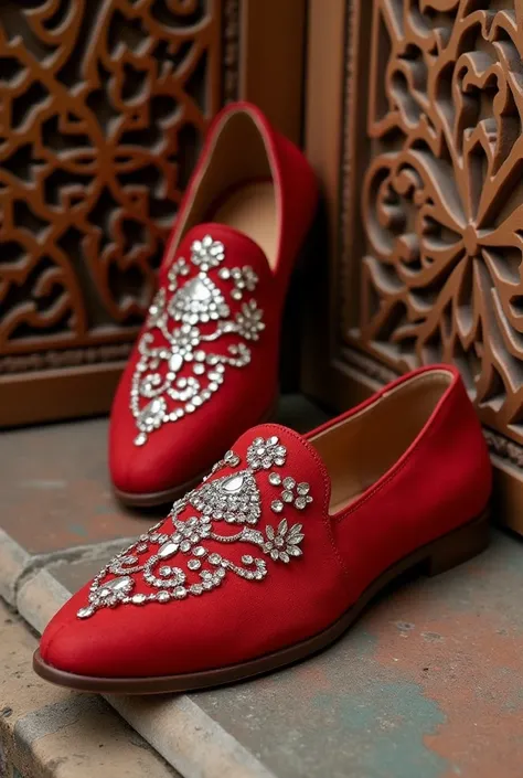 Create a moroccan belgha slippers with red leather and rhinestones 