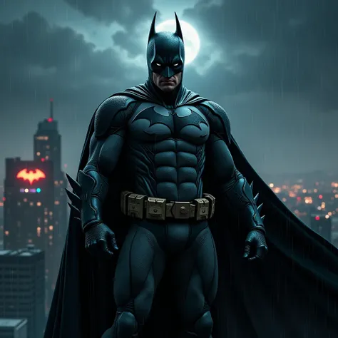 A dark and atmospheric depiction of Batman standing on a rain-soaked rooftop at night, with Gotham City’s skyline in the background. The scene is illuminated by the Bat-Signal glowing against the stormy clouds. Batman is wearing a detailed, modern tactical...