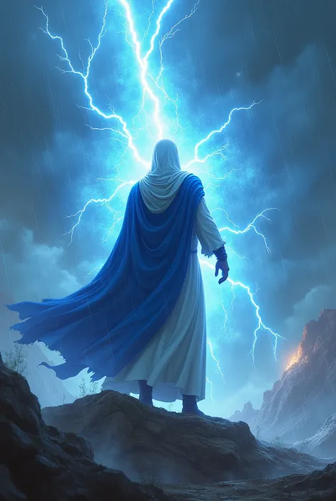  A magical warrior with waving , blue and white robe unleashes a storm,  that ravages the playing field . Lightning illuminates the sky ,  while standing on a raised platform.